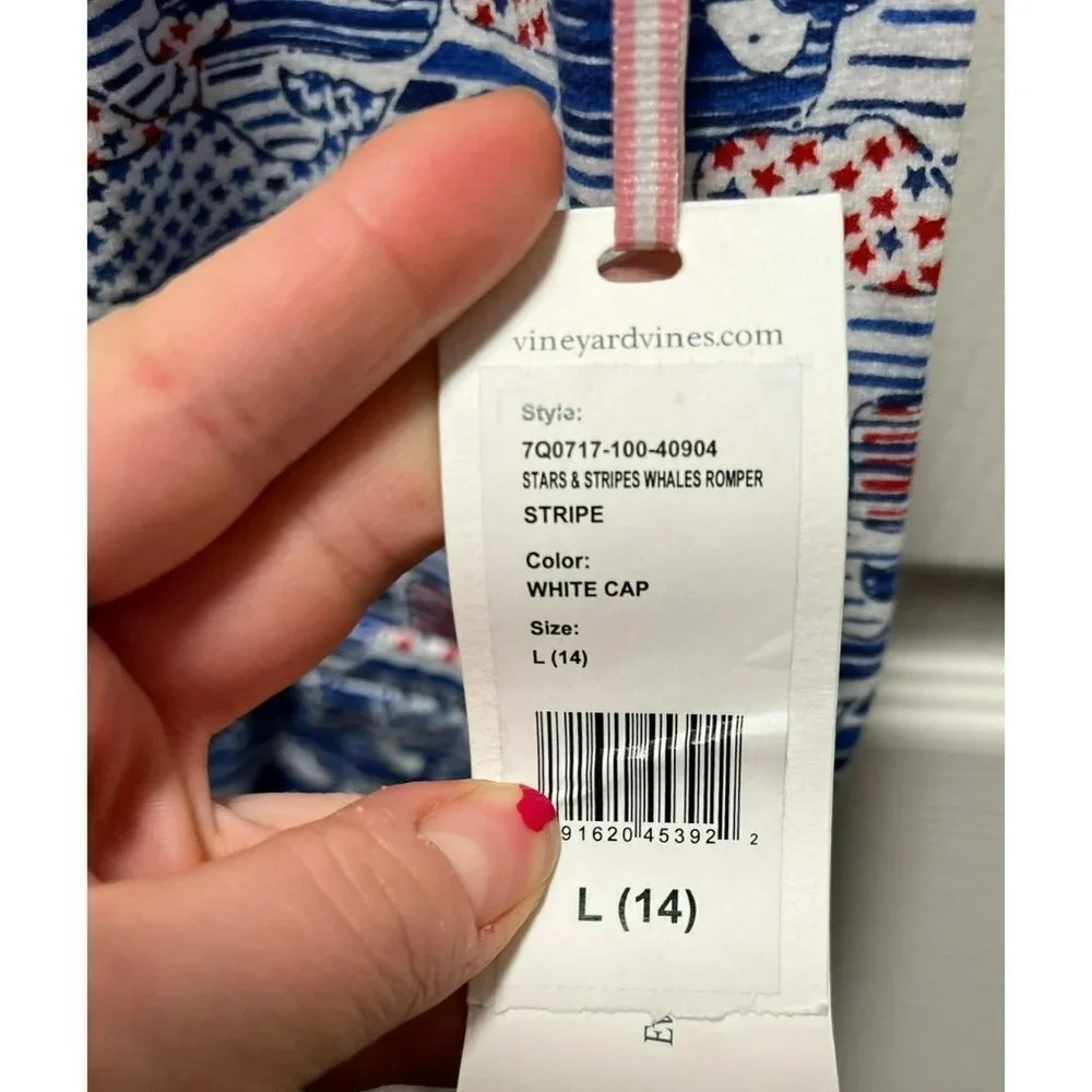 NEW Vineyard Vines | Blue Red White Stars &‎ Stripes Whales Romper Sz L/14